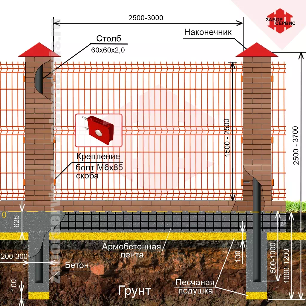 Установка забора из 3Д сетки на ленточном фундаменте с кирпичными столбами